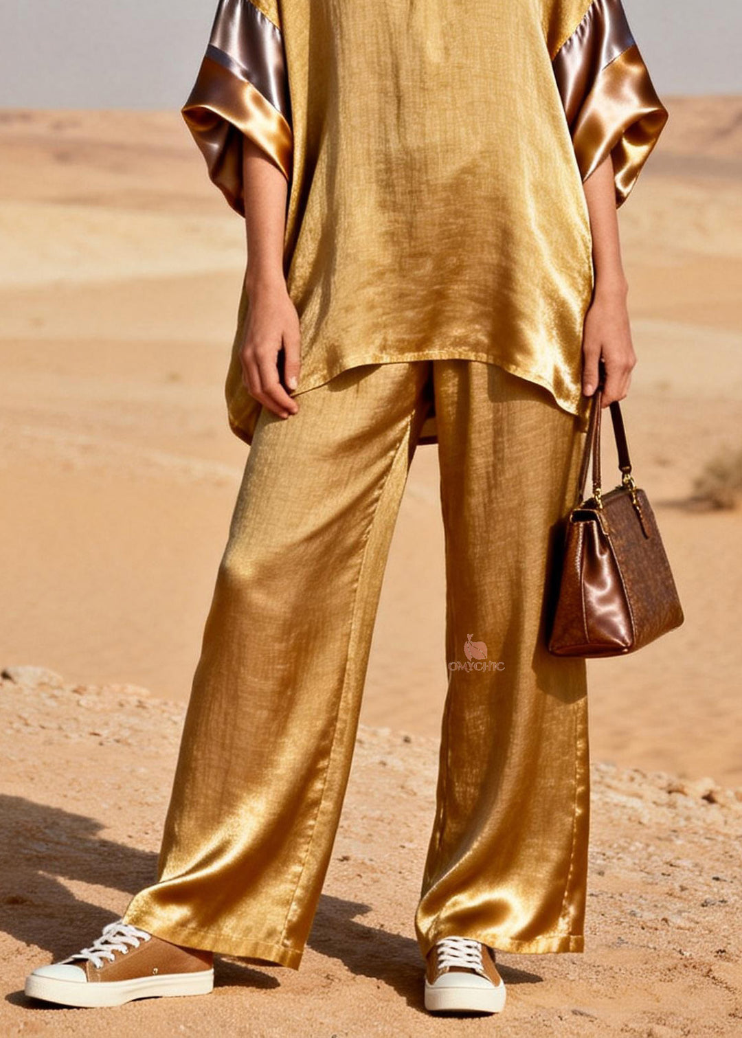 New Gold V Neck Patchwork Linen Silk Two Piece Suit Set Spring