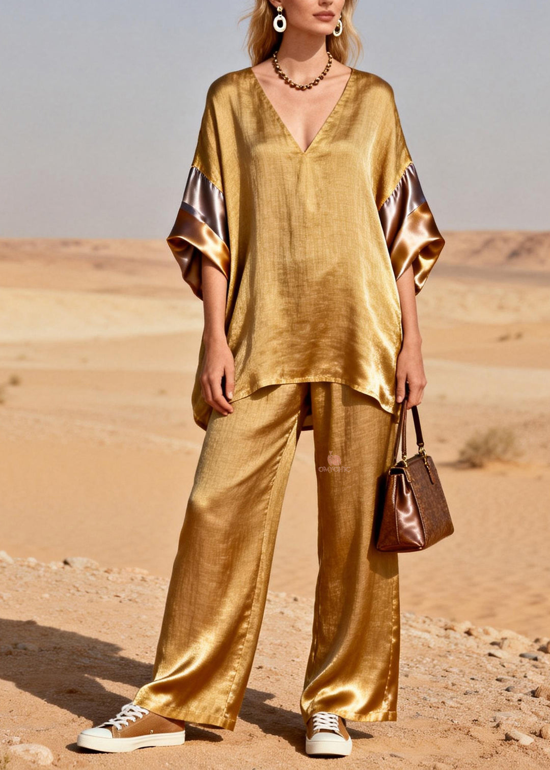 New Gold V Neck Patchwork Linen Silk Two Piece Suit Set Spring