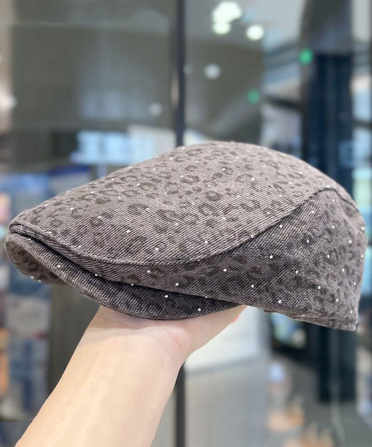New Gray Keopard Print Zircon Cotton Breton Hat