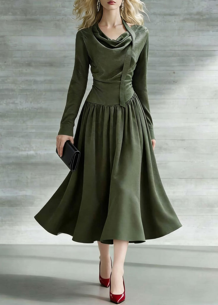 New Green Bow Wrinkled Solid Cotton Long Dresses Spring - Omychic