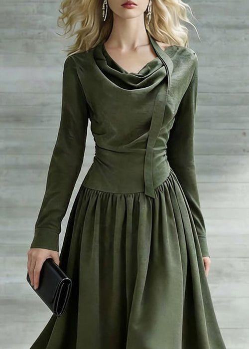 New Green Bow Wrinkled Solid Cotton Long Dresses Spring - Omychic