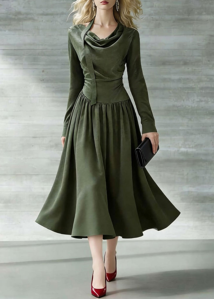New Green Bow Wrinkled Solid Cotton Long Dresses Spring - Omychic