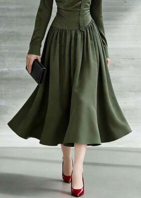 New Green Bow Wrinkled Solid Cotton Long Dresses Spring - Omychic