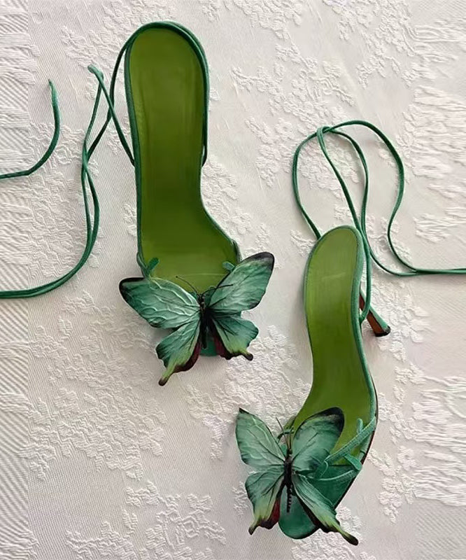 New Green Butterfly Flower Stiletto Sandals Lace Up