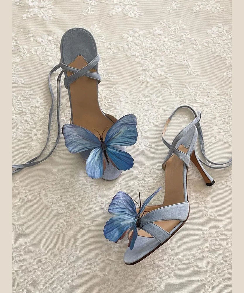New Green Butterfly Flower Stiletto Sandals Lace Up