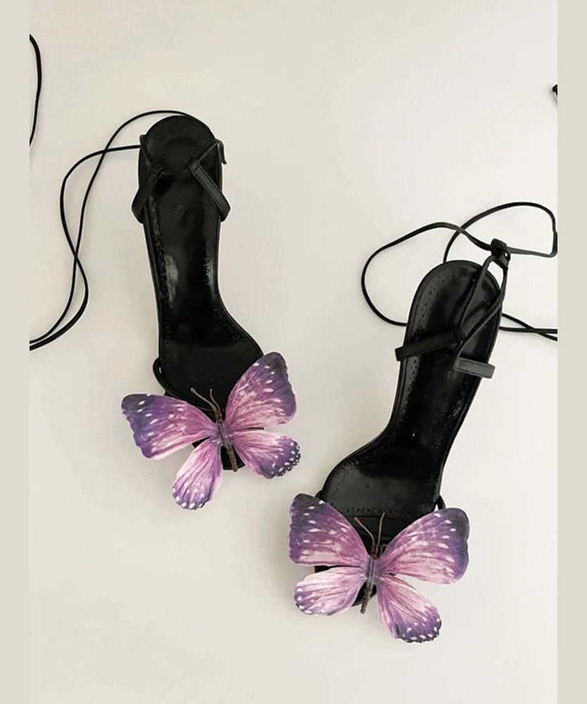 New Green Butterfly Flower Stiletto Sandals Lace Up