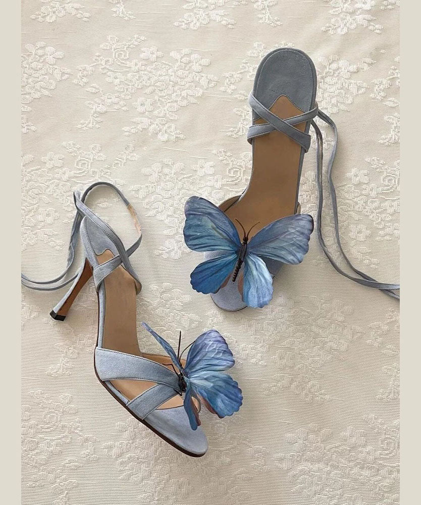 New Green Butterfly Flower Stiletto Sandals Lace Up