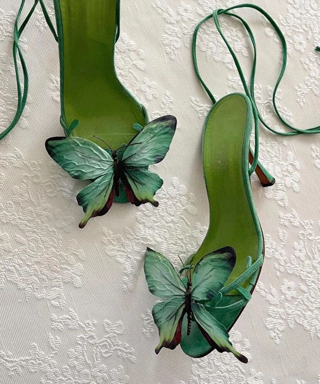 New Green Butterfly Flower Stiletto Sandals Lace Up