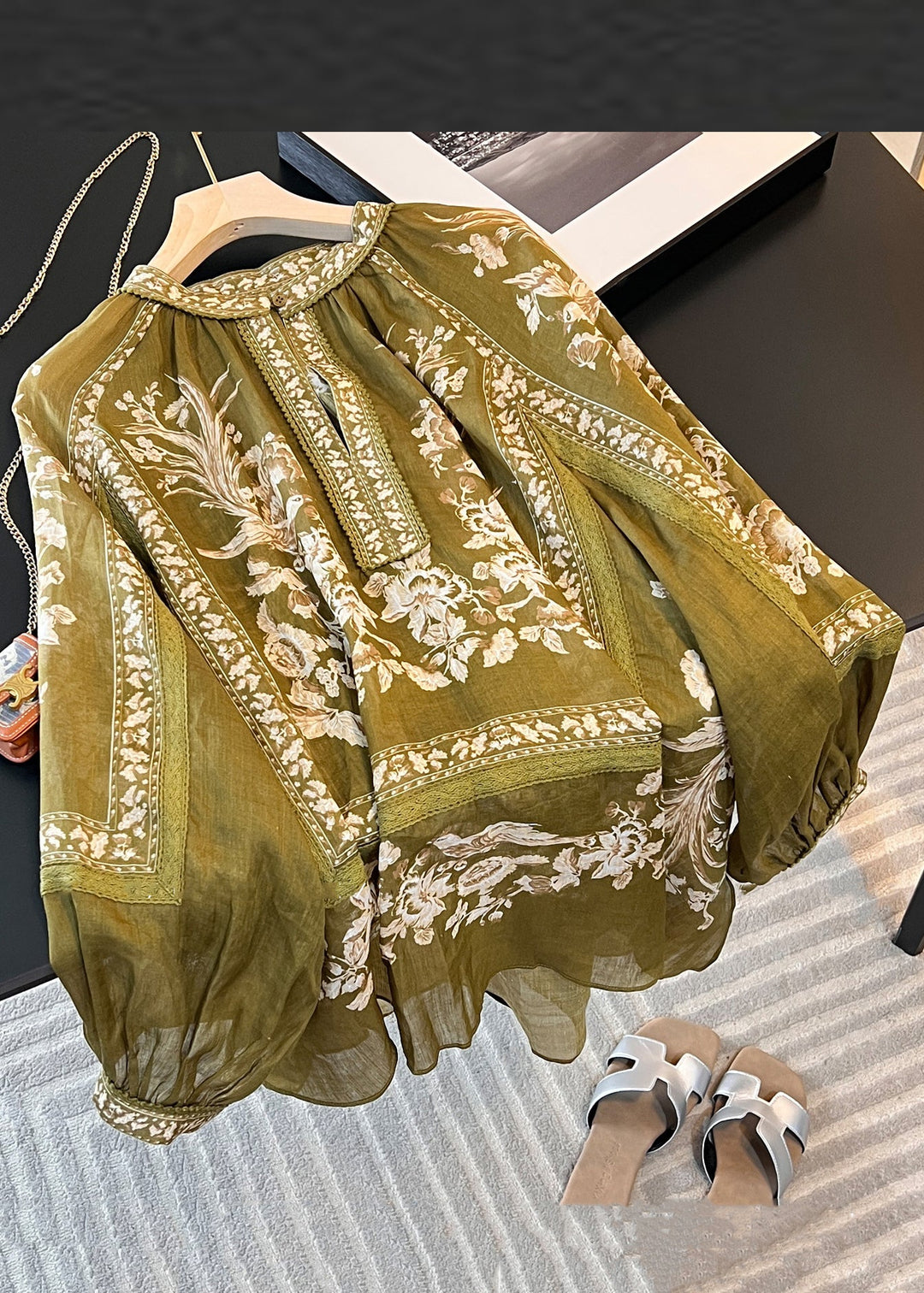 New Green Button Print Patchwork Linen Blouses Fall