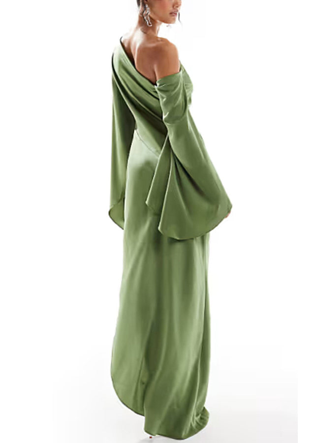 New Green Cold Shoulder Side Open Long Dresses Flare Sleeve