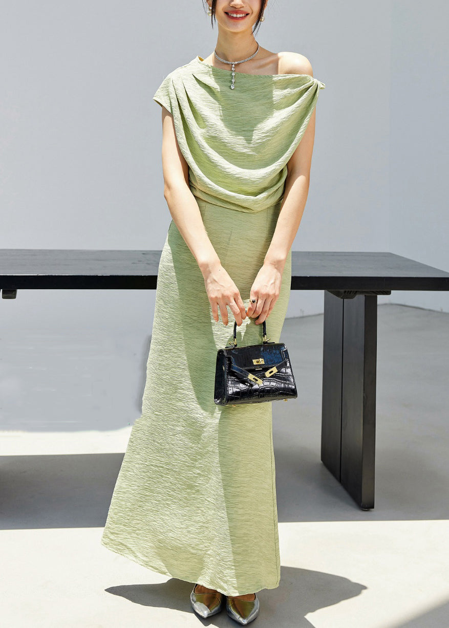 New Green Cold Shoulder Tops And Skirts Cotton Two Piece Set Summer