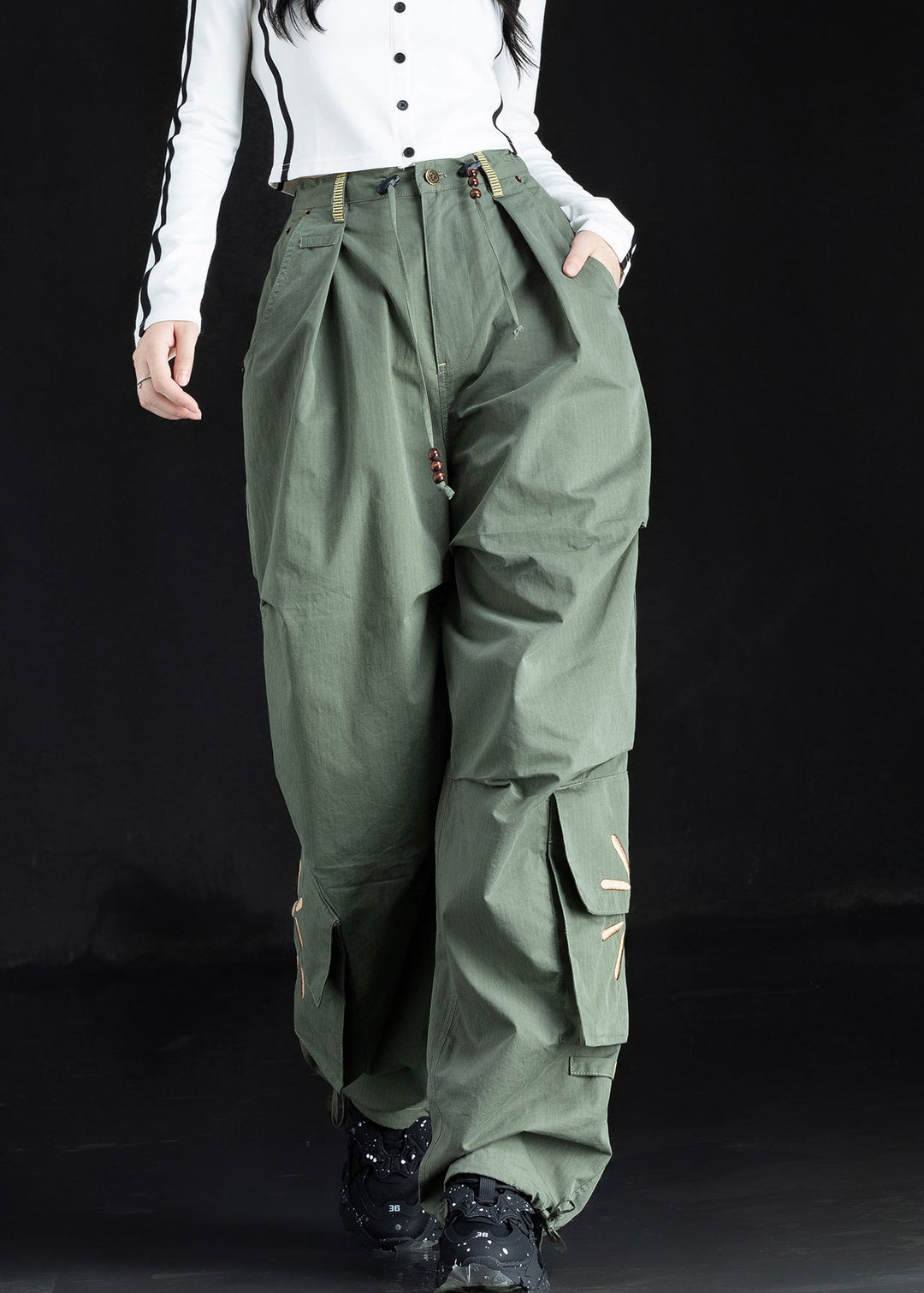 New Green Embroidered Pockets Cotton Pants Trousers Fall