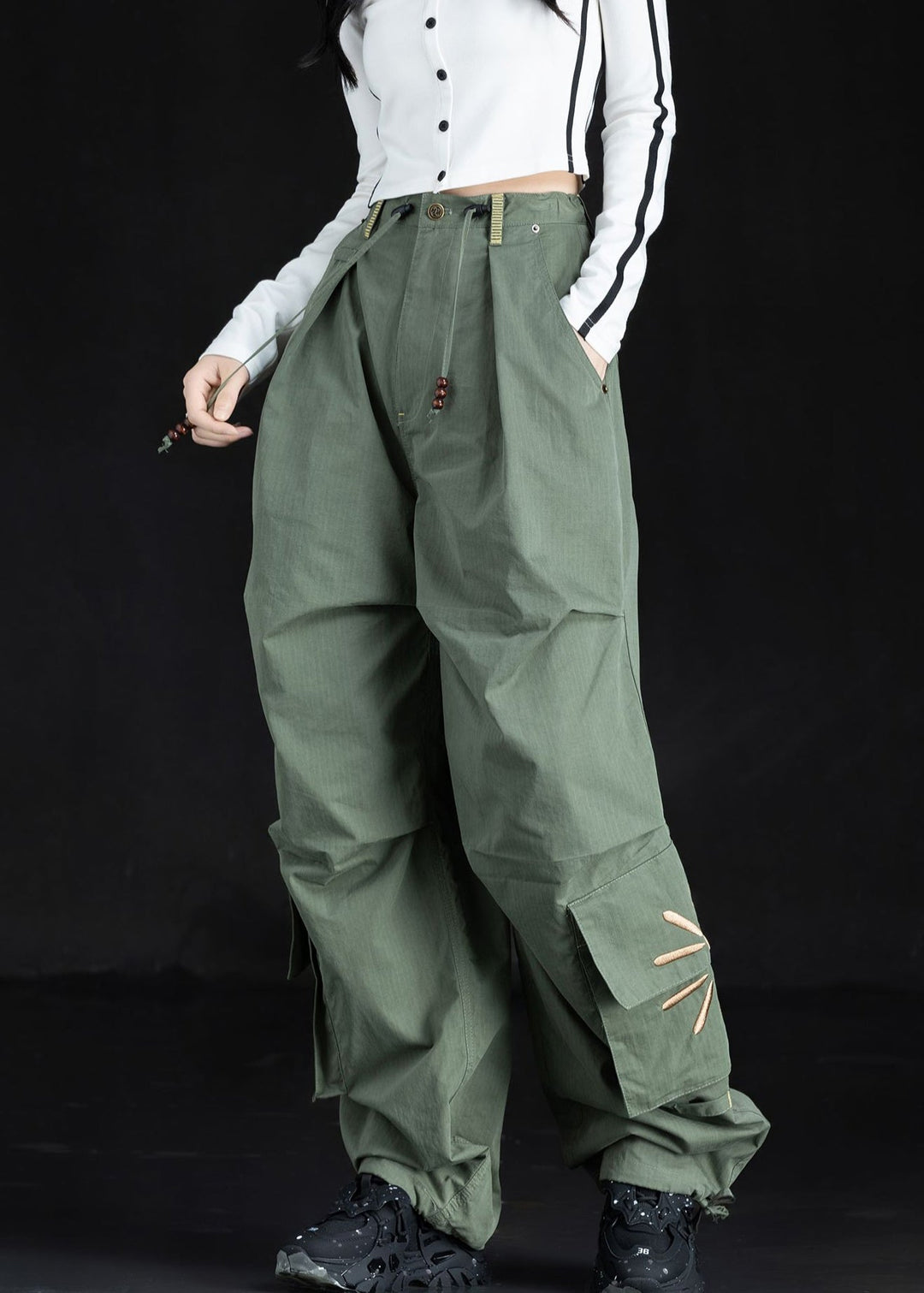 New Green Embroidered Pockets Cotton Pants Trousers Fall
