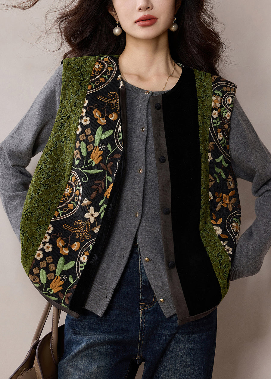 New Green Embroideried Patchwork Silk Velour Vest Sleeveless