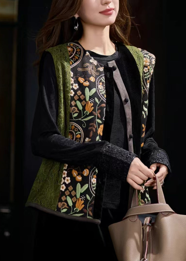 New Green Embroideried Patchwork Silk Velour Vest Sleeveless