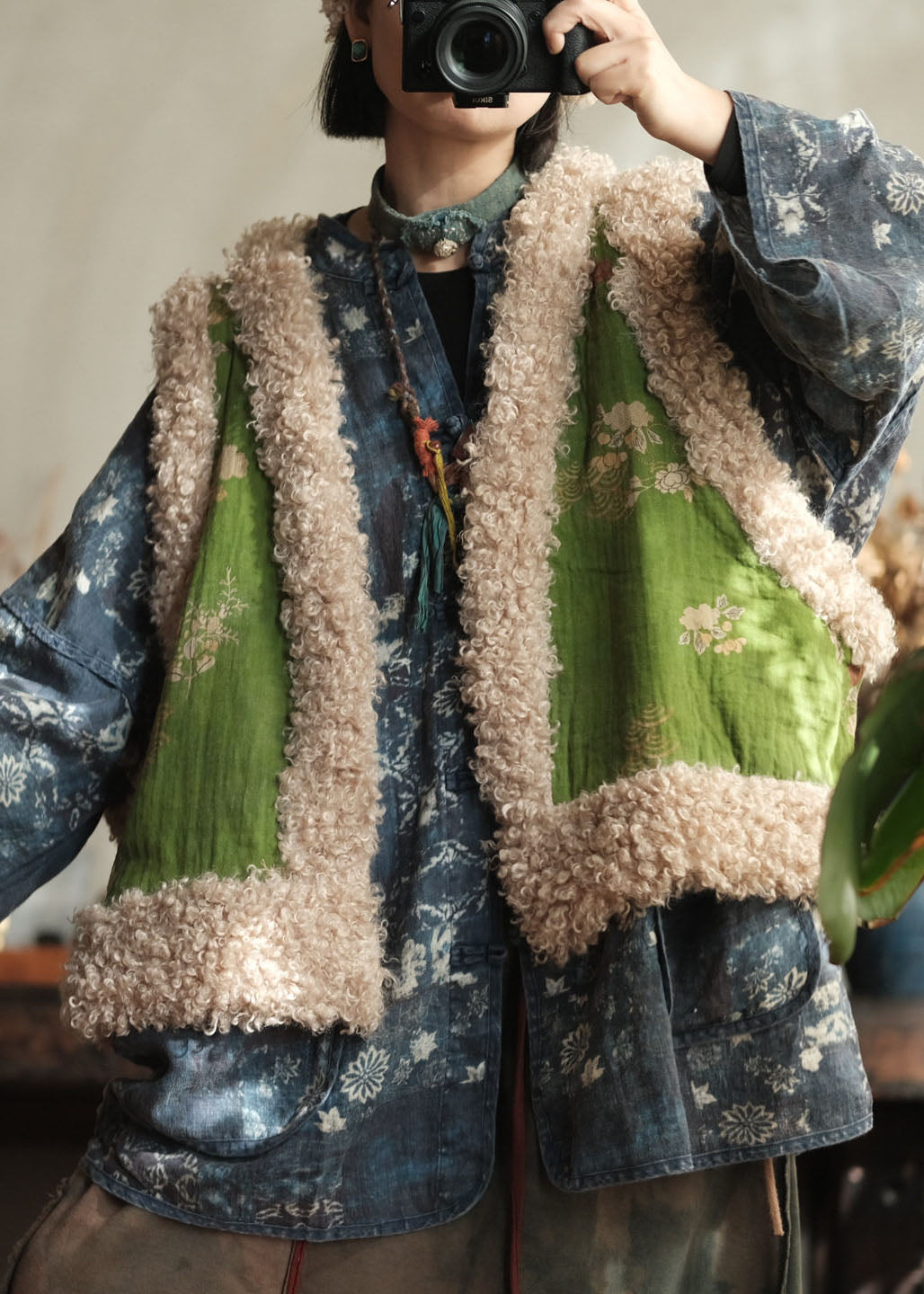 New Green Faux Fur Patchwork Fine Cotton Filled Vest Sleeveless