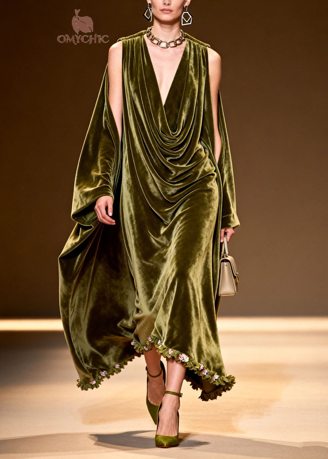 New Green Floral Patchwork Cold Shoulder Velvet Long Dress Fall