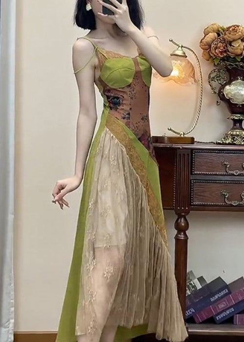 New Green Lace Patchwork Spaghetti Strap Dress Sleeveless