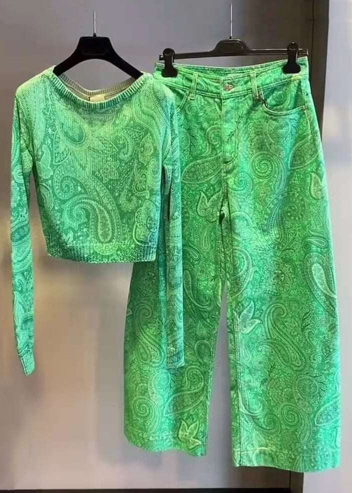New Green O-Neck Print Cotton Two Pieces Set Long Sleeve