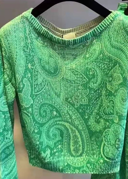 New Green O-Neck Print Cotton Two Pieces Set Long Sleeve