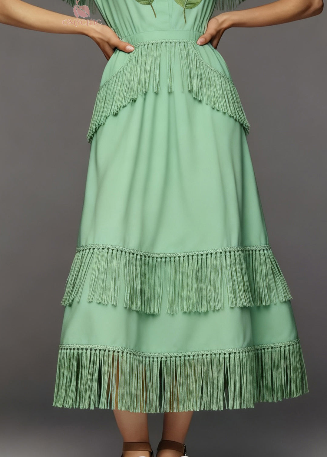 New Green O-Neck Tasseled Patchwork Cotton Dress Summer