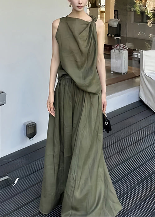 New Green Original Design Tank And Skirts Linen Two Piece Set Sleeveless