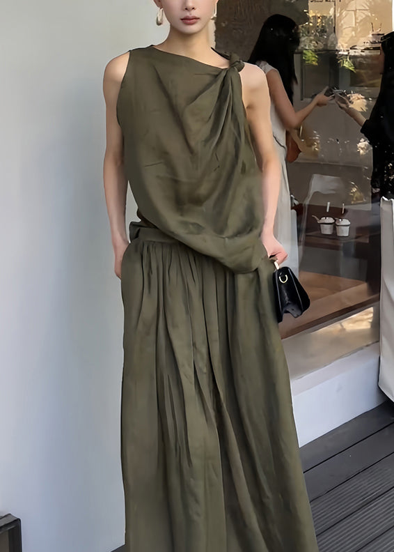 New Green Original Design Tank And Skirts Linen Two Piece Set Sleeveless