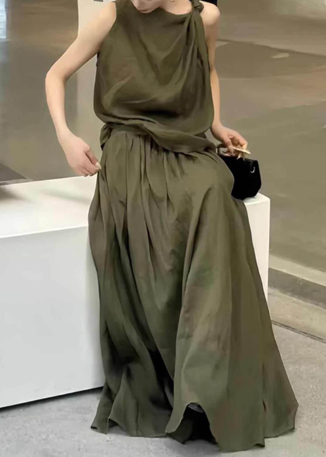 New Green Original Design Tank And Skirts Linen Two Piece Set Sleeveless