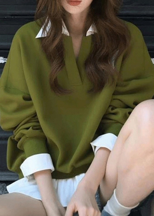 New Green Peter Pan Collar False Two Pieces Patchwork Cotton Streetwear Fall