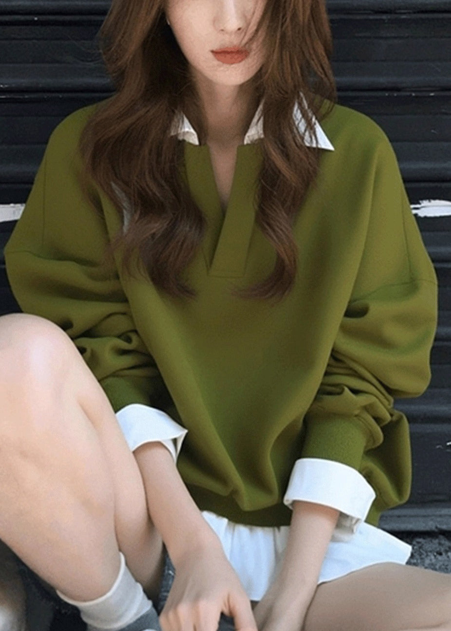 New Green Peter Pan Collar False Two Pieces Patchwork Cotton Streetwear Fall