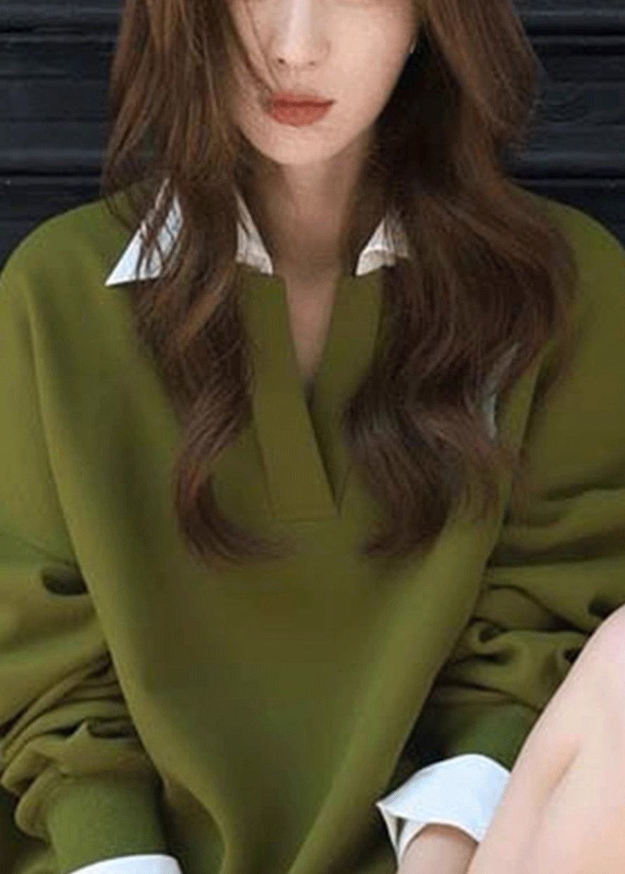 New Green Peter Pan Collar False Two Pieces Patchwork Cotton Streetwear Fall