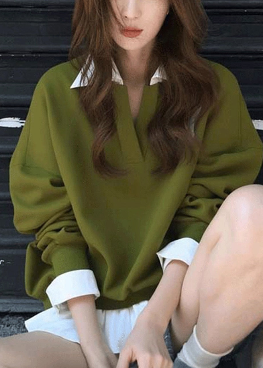 New Green Peter Pan Collar False Two Pieces Patchwork Cotton Streetwear Fall