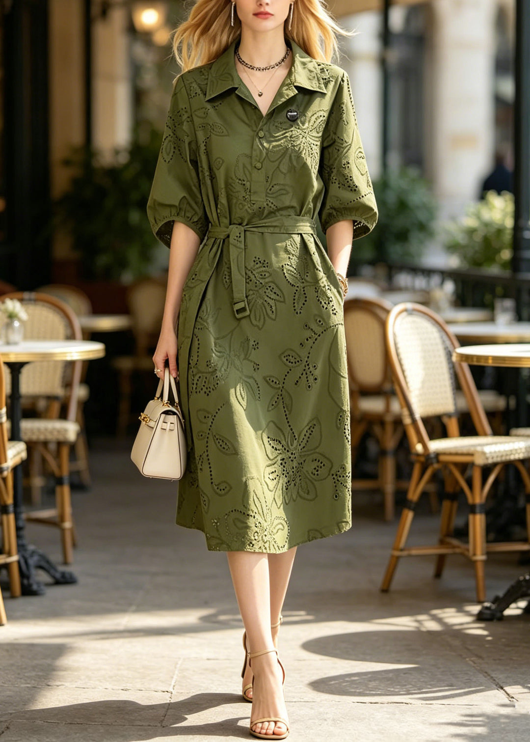 New Green Peter Pan Collar Hollow Out Cotton Dresses Summer
