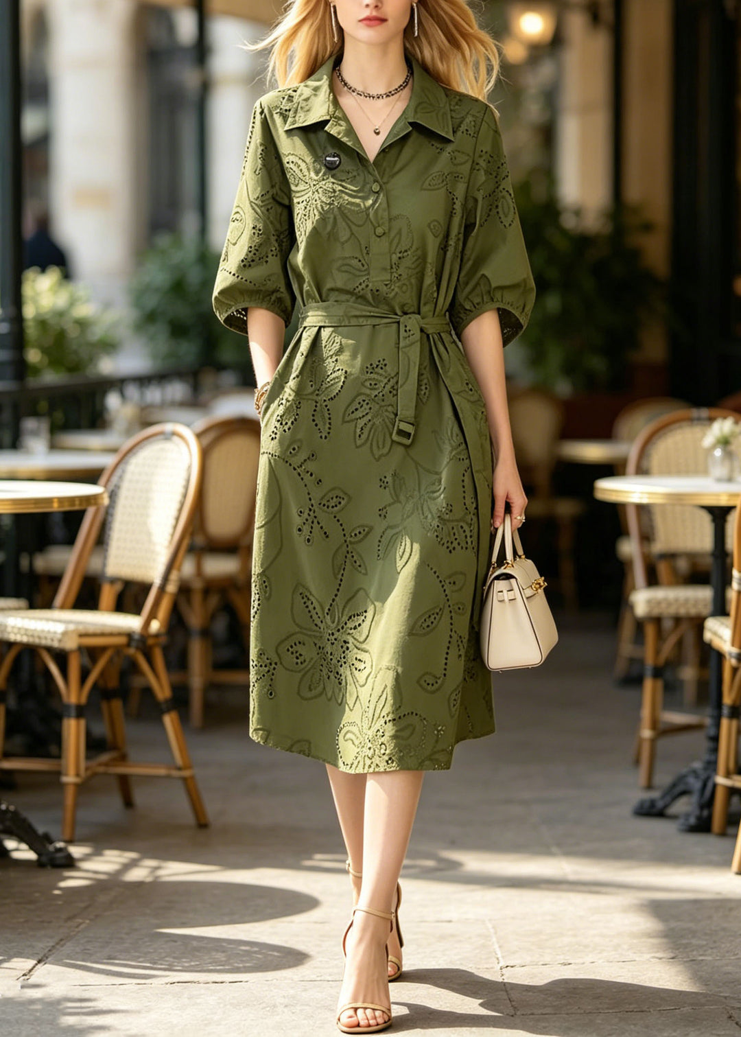 New Green Peter Pan Collar Hollow Out Cotton Dresses Summer