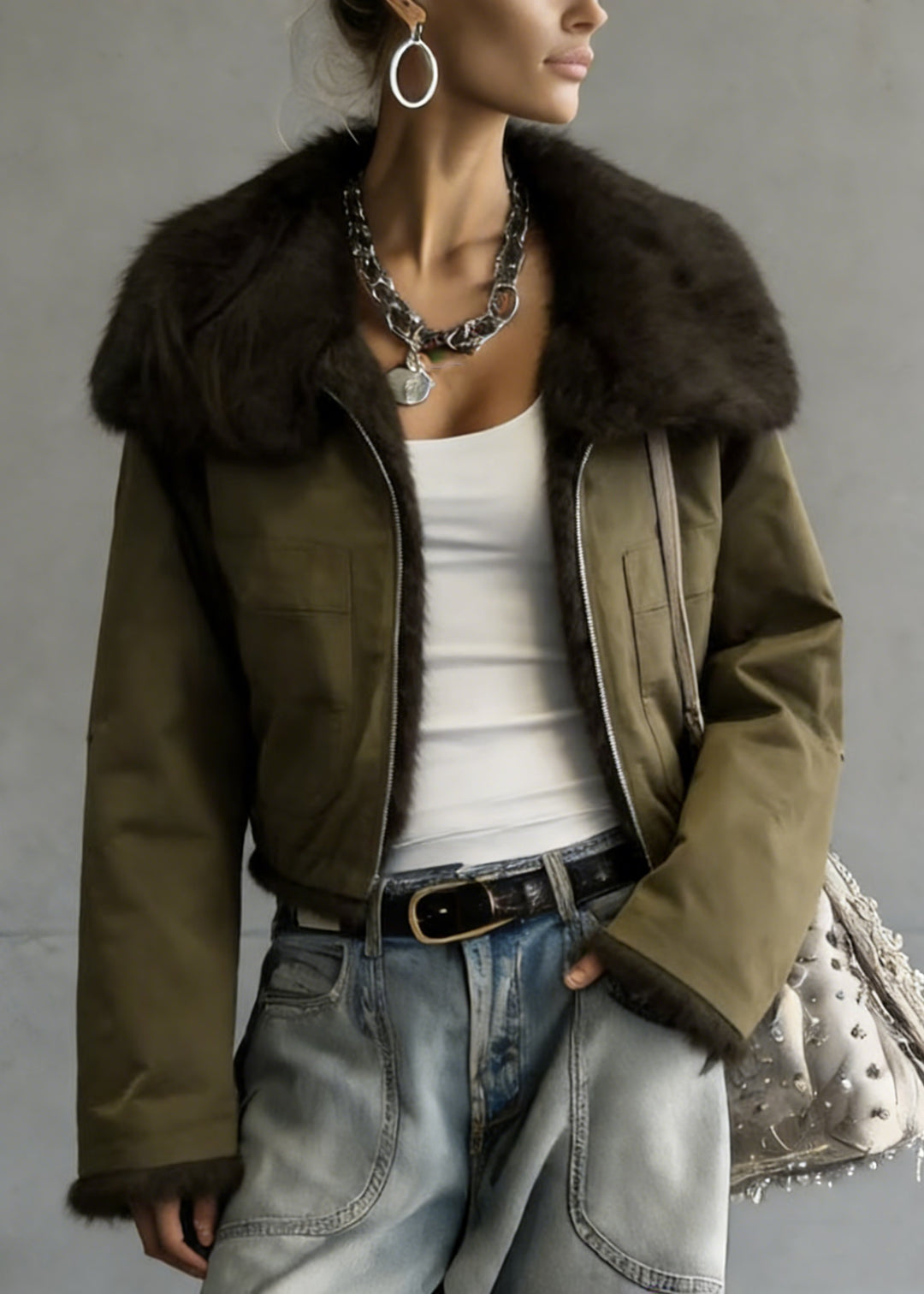 New Green Peter Pan Collar Wear On Both Sides Faux Fur Jacket Winter