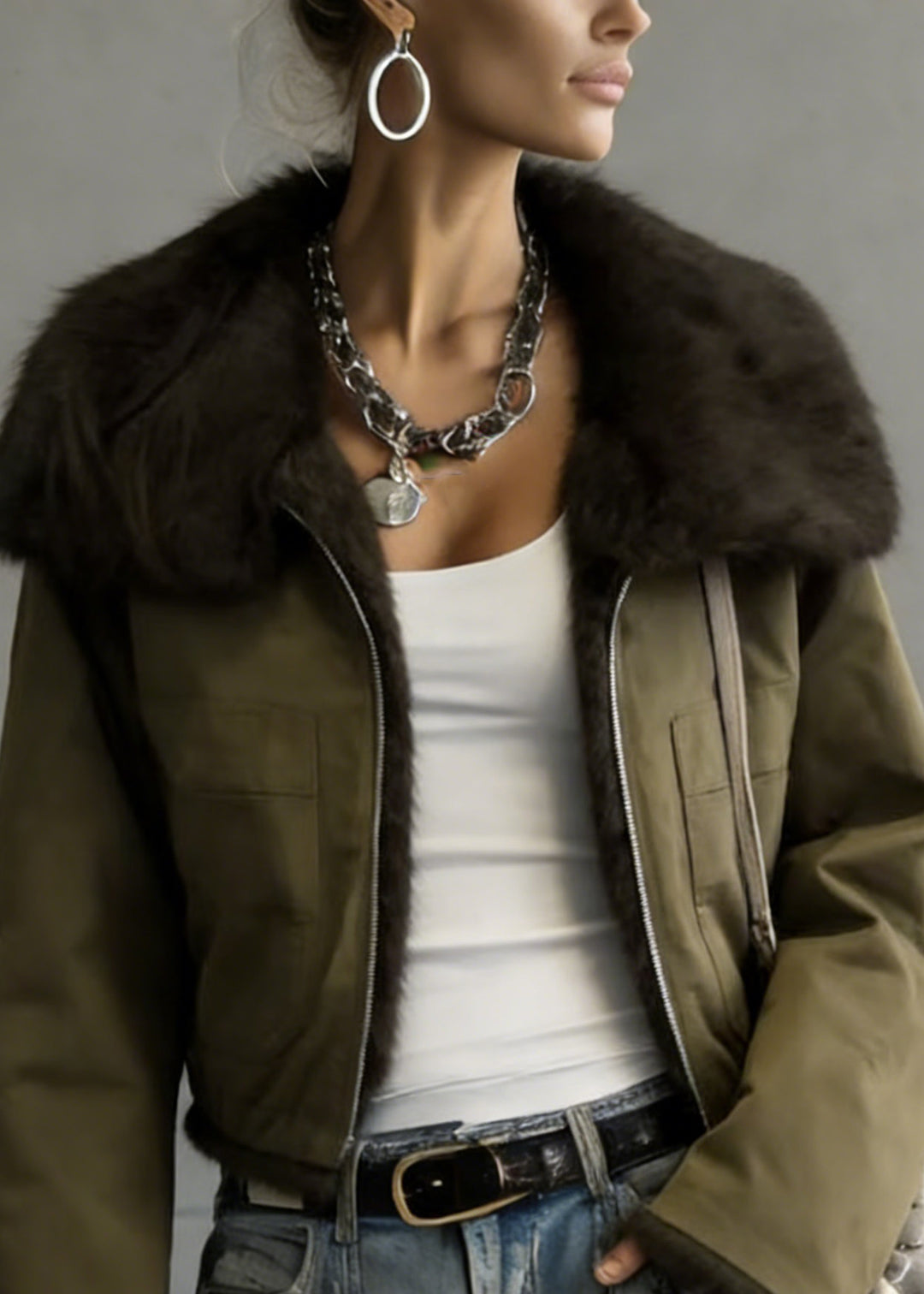 New Green Peter Pan Collar Wear On Both Sides Faux Fur Jacket Winter