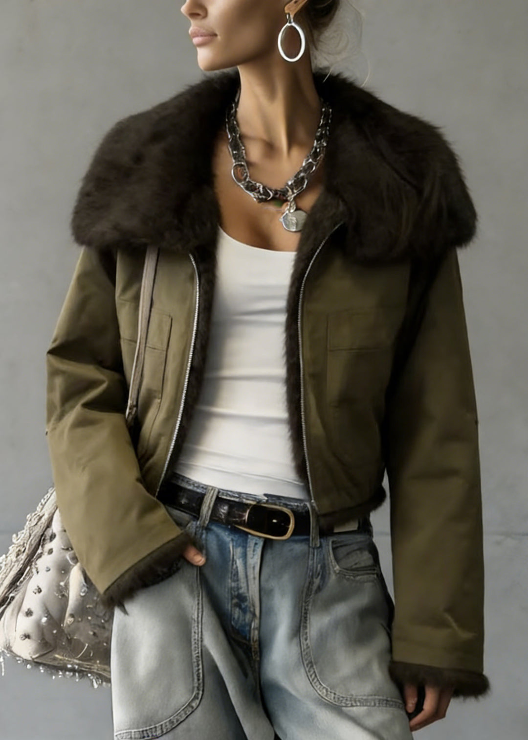 New Green Peter Pan Collar Wear On Both Sides Faux Fur Jacket Winter