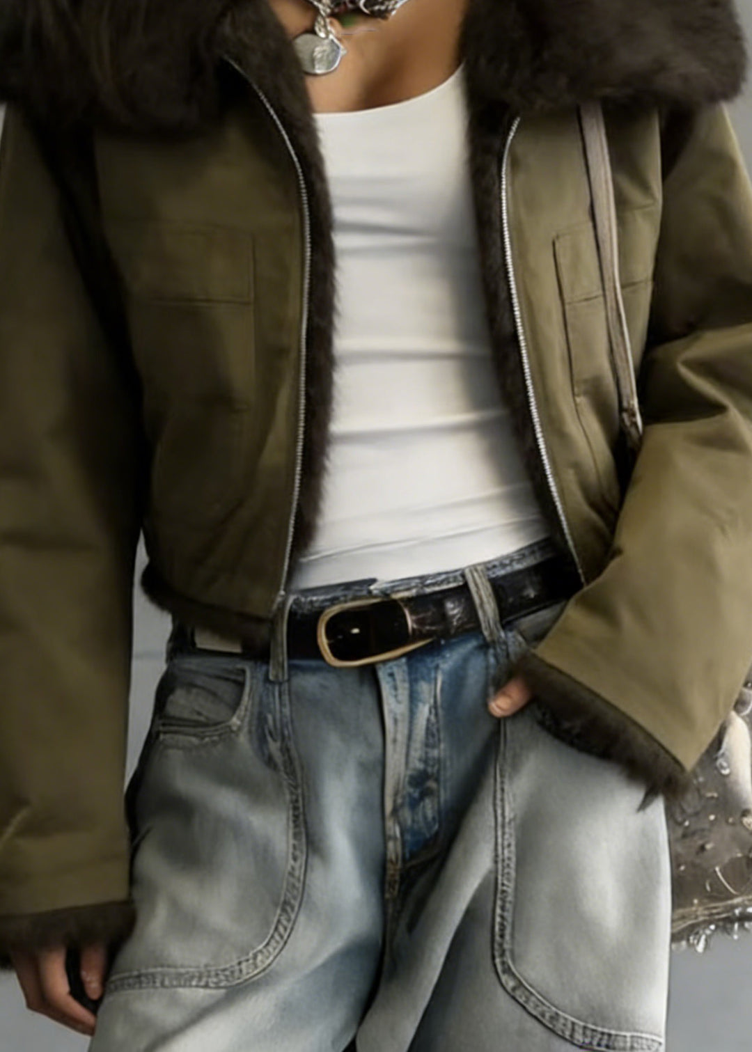 New Green Peter Pan Collar Wear On Both Sides Faux Fur Jacket Winter