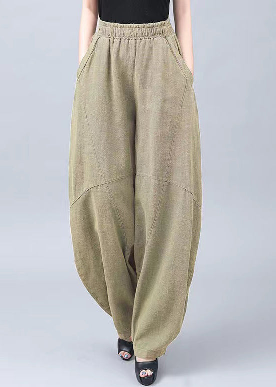 New Green Pockets Elastic Waist Cotton Pants Summer