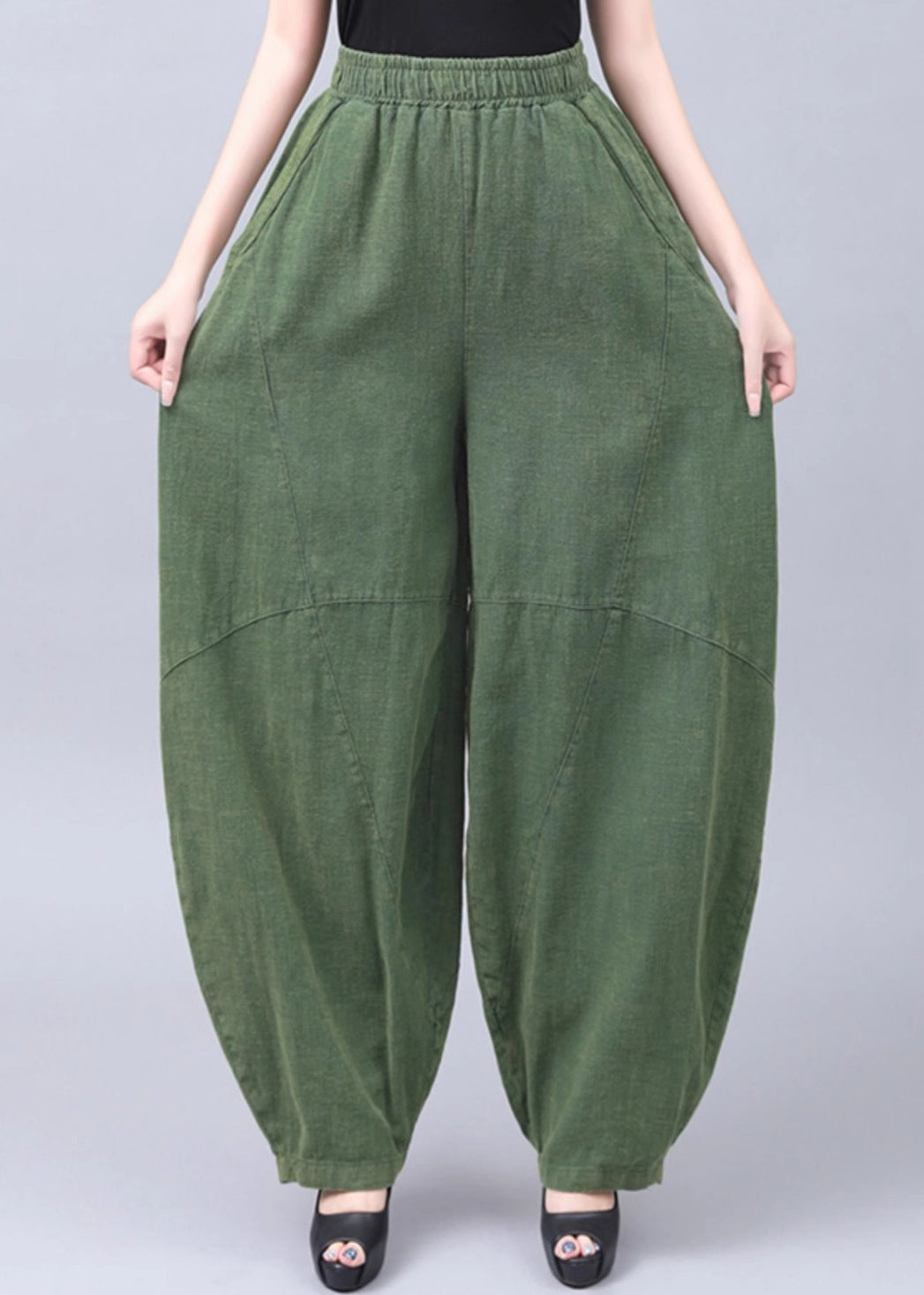 New Green Pockets Elastic Waist Cotton Pants Summer