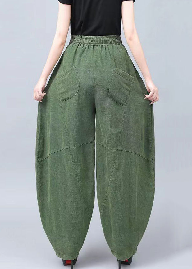 New Green Pockets Elastic Waist Cotton Pants Summer