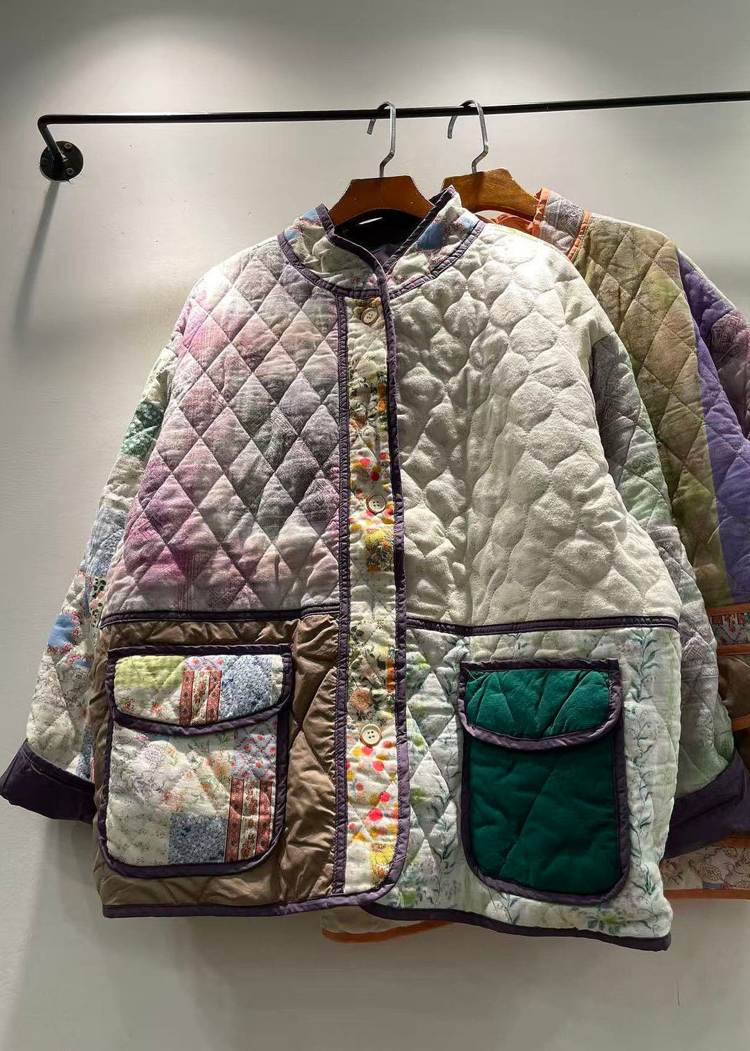New Green Pockets Print Patchwork Fine Cotton Filled Jackets Winter