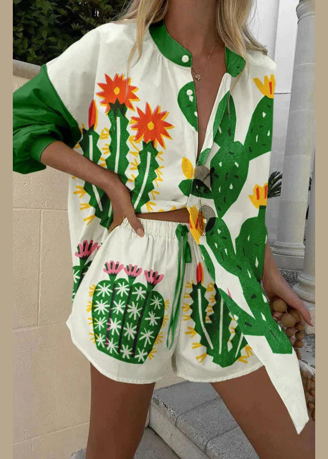 New Green Print Button Elastic Waist Cotton Two Pieces Set Spring