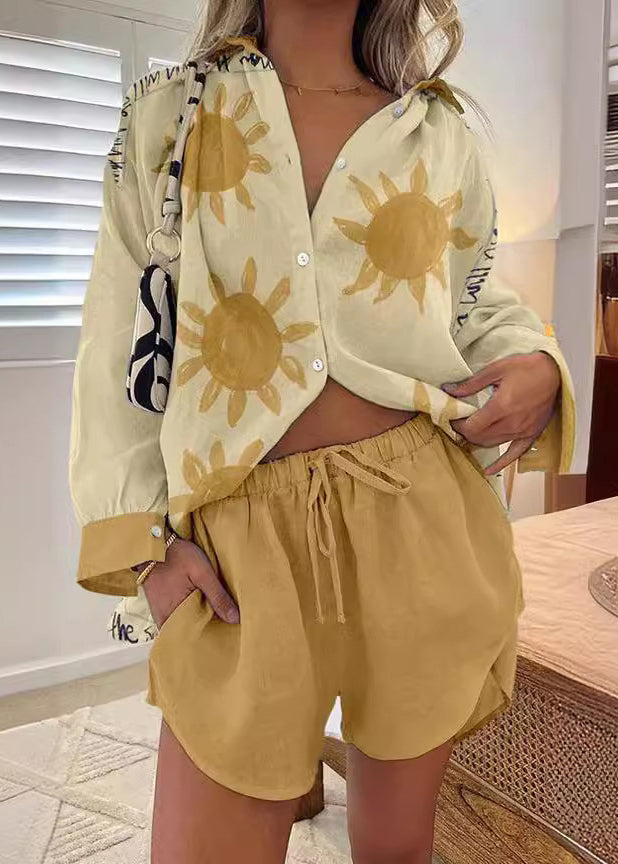 New Green Print Button Elastic Waist Cotton Two Pieces Set Spring