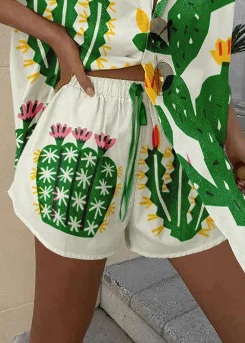 New Green Print Button Elastic Waist Cotton Two Pieces Set Spring