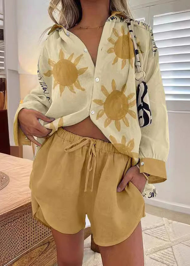 New Green Print Button Elastic Waist Cotton Two Pieces Set Spring