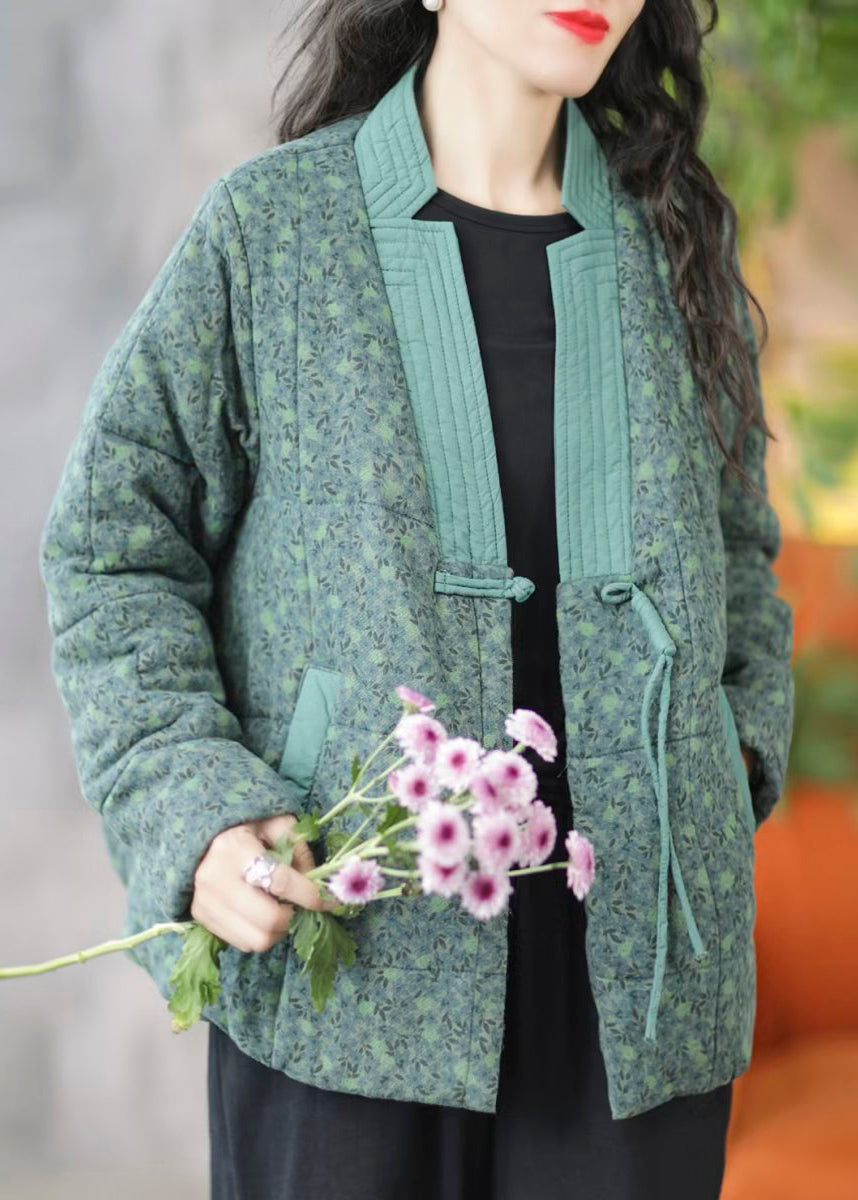New Green Print Button Pockets Fine Cotton Parka