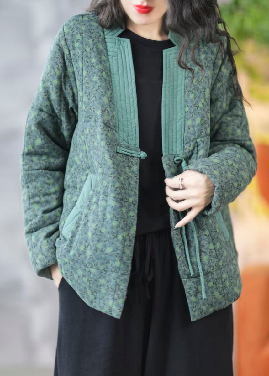 New Green Print Button Pockets Fine Cotton Parka
