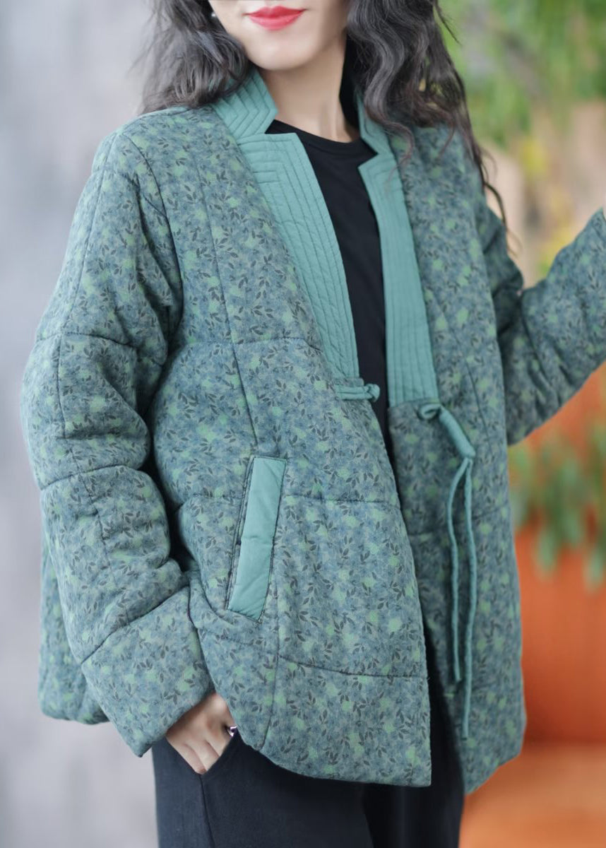New Green Print Button Pockets Fine Cotton Parka