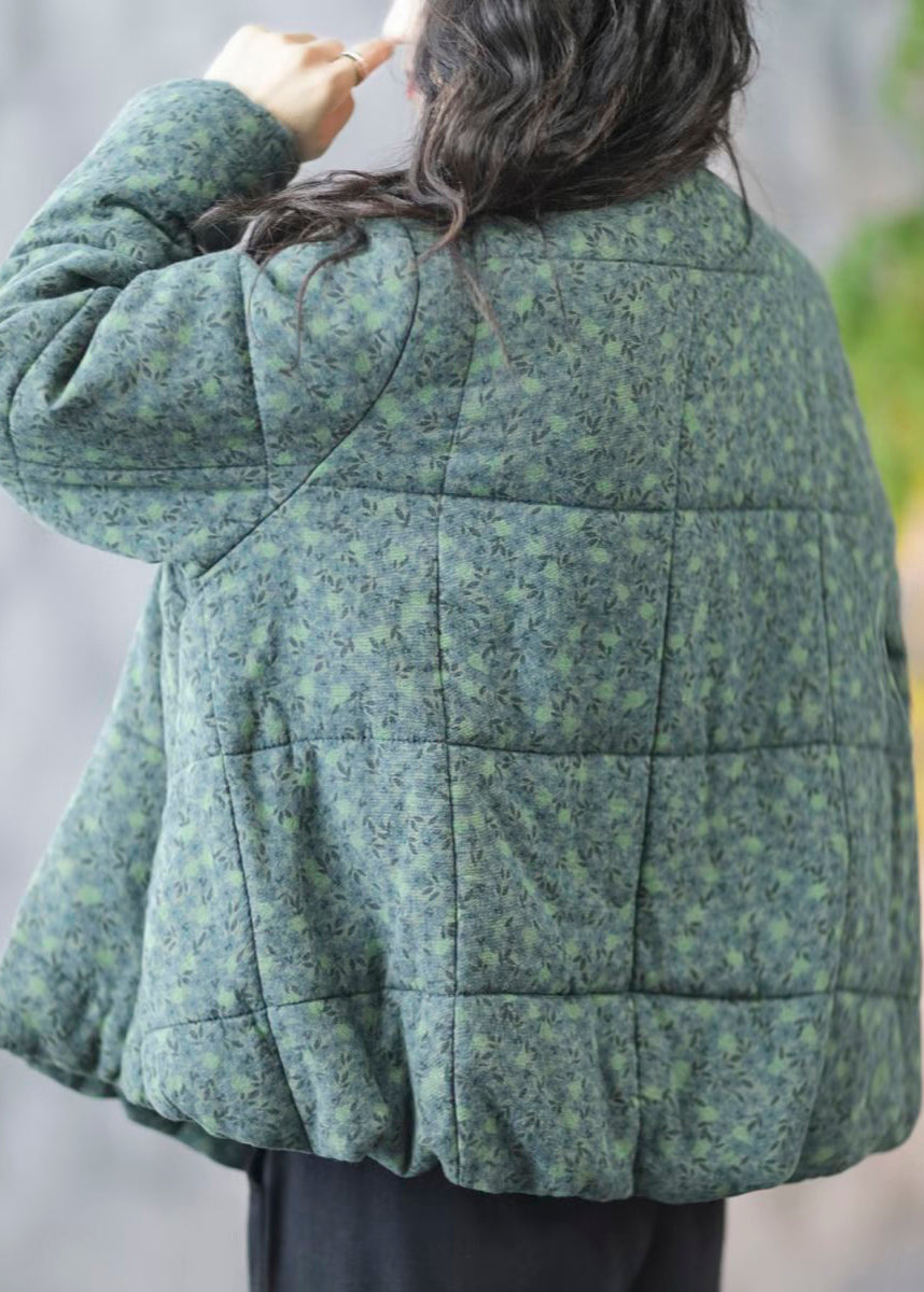 New Green Print Button Pockets Fine Cotton Parka